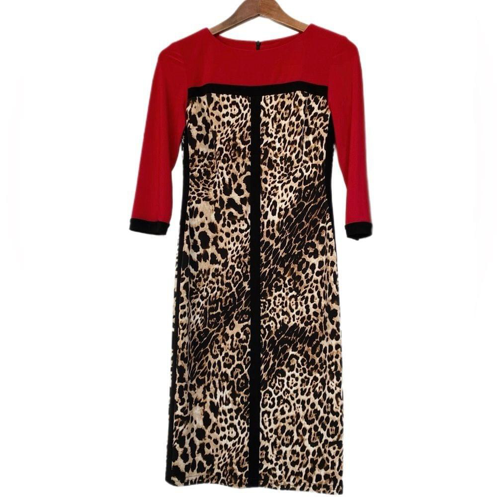 Joseph Ribkoff Animal Print Red Bodycon Cocktail Midi Dress Women's Size 2